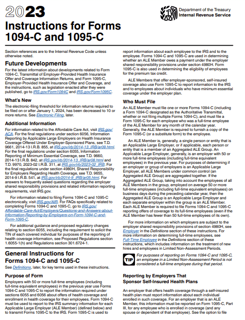 IRS reporting resources 1095-C and 1094-C filing instructions